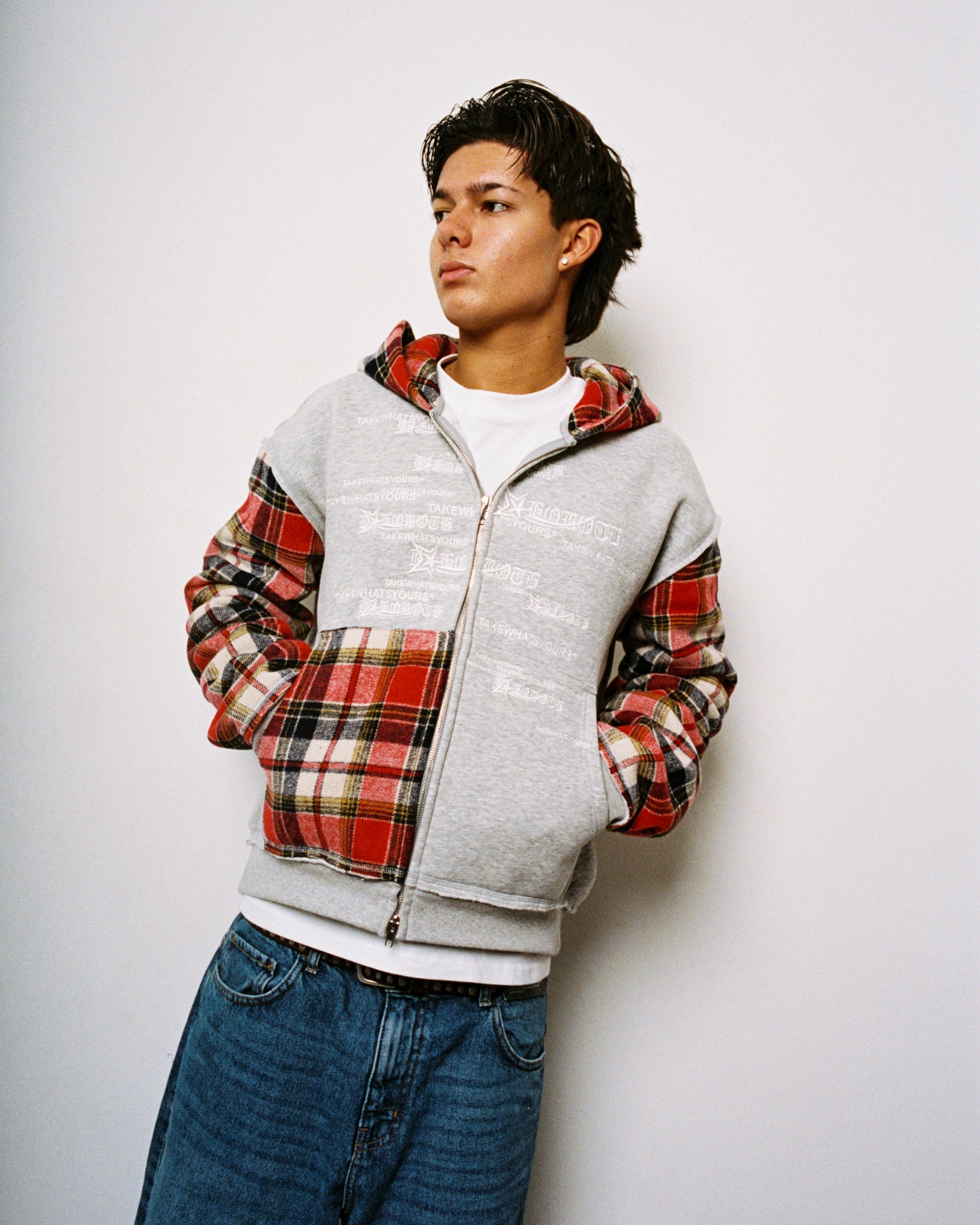 PLAID ZIP HOODIE *RED*